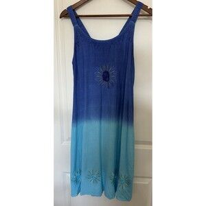 Raya Sun Womens Dress Medium Blue Ombre Embroidered Sun Flowy Coastal Boho